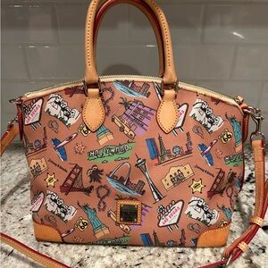 Dooney and Burke U.S.A. landmarks, leather satchel, tan